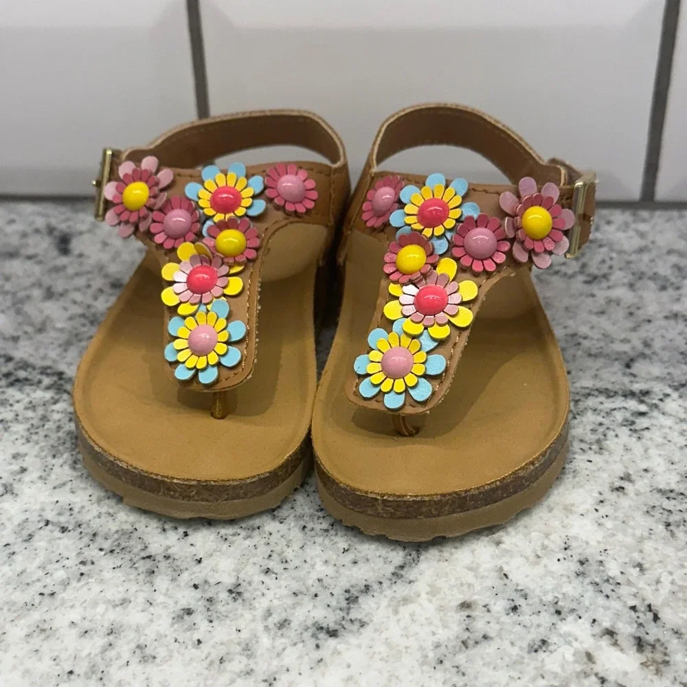 Rampage Toddler 5 Lil Zoey Sandals Tan Floral 3D Flower Cork Midsole Boho Summer